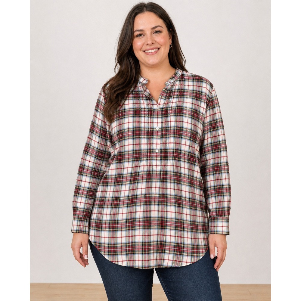 Lands End Flannel Popover Top‎ 16T Tall Red Plaid Henley Cottagecore Cabincore